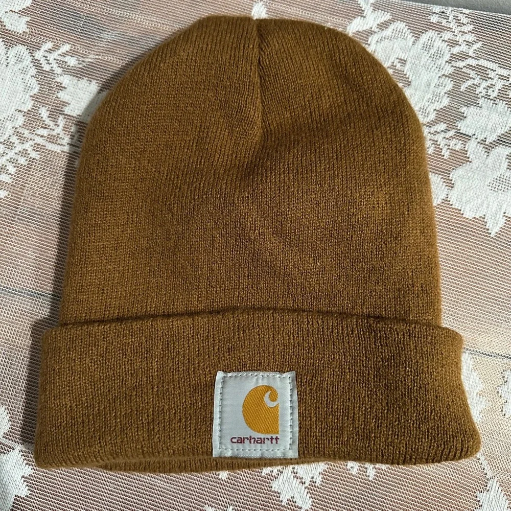 Carhartt Beanie Watch Hat Unisex‎ OSFA Brown Excellent A18 Ribbed Knit Logo Cap